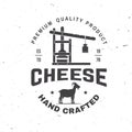 Cheese family farm badge design. Template for logo, branding design with goat and cheese molds and press. Vector