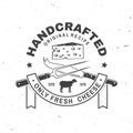 Cheese family farm badge design. Template for logo, branding design with sheep lacaune, fork, knife for cheese. Vector