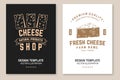 Cheese family farm poster design. Template for logo, branding design with block cheese, fork, knife for cheese. Vector