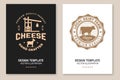 Cheese family farm poster design. Template for logo, branding design with block cheese, goat on the grass, cow, fork