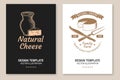 Cheese family farm poster design. Template for logo, branding design with block cheese, jug of milk, fork, knife for