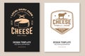 Cheese family farm poster design. Template for logo, branding design with block cheese, jug of milk, fork, knife for