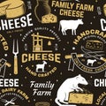 Cheese family farm seamless pattern or background. Fabric, textile, wallaper with block cheese, sheep lacaune on the Royalty Free Stock Photo