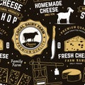 Cheese family farm seamless pattern or background. Fabric, textile, wallaper with block cheese, sheep lacaune on the