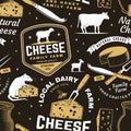 Cheese family farm seamless pattern or background. Fabric, textile, wallaper with block cheese, sheep lacaune on the Royalty Free Stock Photo