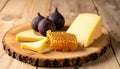 Cheese, figs, and honeycomb on a wooden board Royalty Free Stock Photo