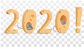 2020, cheese figures with mice. Elements for New Year`s design. Figures from cheese and gray rats. Vector file Royalty Free Stock Photo