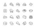 Cheese flat line icons set. Parmesan, mozzarella, yogurt, dutch, ricotta, butter, blue chees piece vector illustrations