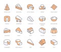 Cheese flat line icons set. Parmesan, mozzarella, yogurt, dutch, ricotta, butter, gouda piece vector illustrations