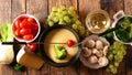 Cheese fondue with fresh vegetable- broccoli, tomato, potato