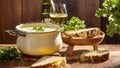 Cheese fondue with herbs, bread in the assorted delicious gastronomy concept homemade culinary natural