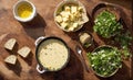 Cheese fondue with herbs, bread in the assorted gastronomy concept homemade culinary natural