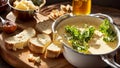 Cheese fondue with herbs, bread in the kitchen