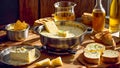 Cheese fondue with herbs, bread in the kitchen cooking homemade