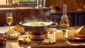 Cheese fondue with herbs, bread in the kitchen cooking homemade culinary