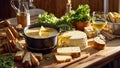 Cheese fondue with herbs, bread in the kitchen concept homemade culinary natural