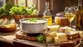 Cheese fondue with herbs, bread in the kitchen lunch concept homemade culinary natural