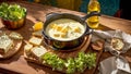 Cheese fondue with herbs, bread in the assorted tasty gastronomy concept homemade culinary natural