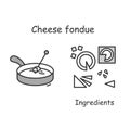 Cheese fondue icon. Switzerland melted cheese dip serving and ingredients simple vector illustration