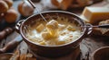 Cheese fondue indulgence with a fork lifting a gooey morsel, amidst a rustic table setting with various dippers.