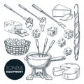 Cheese fondue ingredients and equipment. Vector hand drawn sketch illustration. Culinary recipes or menu design elements