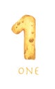 Cheese font 1 number. Watercolor illustration