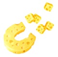 Cheese in the form of a magnet attracts pieces of cheese on a white isolated background