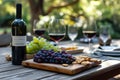 Cheese and fruit platter and red wine on wooden table. Red and white grape, assorted cheese and nuts on wooden board Royalty Free Stock Photo