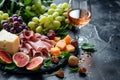 Cheese and fruit platter and rose wine on a table. Red and white grape, figs, assorted organic cheese, prosciutto and Royalty Free Stock Photo