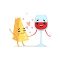 Smiling cheese and glass of red wine holding by hands. Couple in love. Food and drink concept. Vector illustration