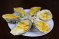 Cheese grilled oyster on dish with dark background Royalty Free Stock Photo