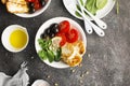 Cheese haloumi brown rice bowl with tomatoes, olives, lemon and pine nuts. Top View Royalty Free Stock Photo