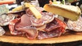 Cheese, ham, cured meat, fatty sausage, salami plate Royalty Free Stock Photo