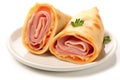 Cheese And Ham Rollups On A White Background. Generative AI Royalty Free Stock Photo