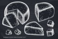 Cheese hand drawn vector illustrations collection. Chalk parmigiano reggiano.