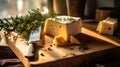 Cheese and herbs on wooden board with a knife, in the style of aerial view, playing with light and shadow. Generative AI Royalty Free Stock Photo