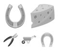 Cheese with holes, a trolley for agricultural work, a horseshoe made of metal, a pruner for cutting trees, shrubs. Farm