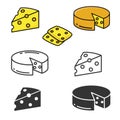 Cheese icons collection with different style; black and white, lineal color, lineal