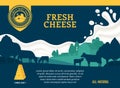 Cheese illustration with cows, calves, farm and milk splash