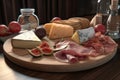 Cheese and jamon, delicacies on a wooden tray. AI generative