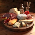 Cheese and jamon on a wooden board. AI generative