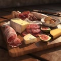 Cheese and jamon on a wooden table. AI generative