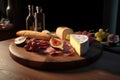 Cheese and jamon on a wooden tray. AI generative