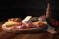 Cheese and jamon on a wooden tray, delicacies on the table. AI generative