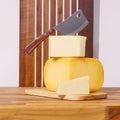 Cheese Knife White Cheddar Yellow Gouda Walnut Maple Wood Chopping Block Royalty Free Stock Photo