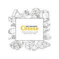 Cheese label. Dairy products hand drawn banner. Pieces or slices of maasdam and parmesan. Square frame with lettering