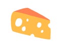 Cheese with large holes. Triangle piece of Swiss dairy snack. Part of porous Holland Maasdam chees. Colored flat vector