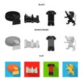 Cheese, lion and other symbols of the country.Belgium set collection icons in black, flat, monochrome style vector