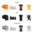 Cheese, lion and other symbols of the country.Belgium set collection icons in cartoon,black,monochrome style vector