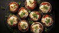 Cheese Lover\'s Dream: Top-View of Stuffed Portobello Mushrooms on Black Palette